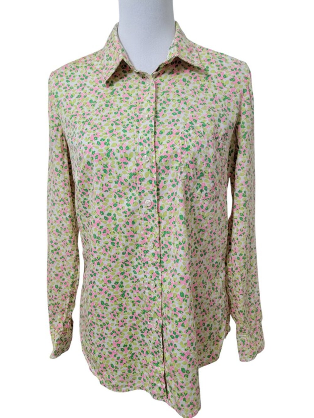 GAP Size S Green/Pink Ditsy Floral Print "Fitted Boyfriend" Button Front Shirt